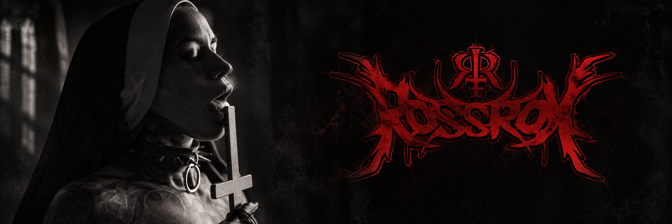 Monochrome hooded portrait beside the distressed crimson Ross Rox emblem
